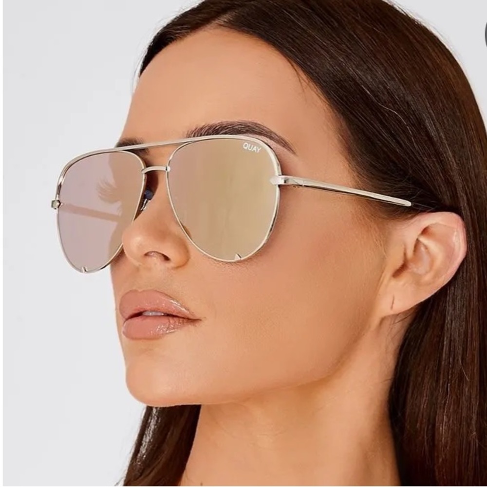 Quay Australia Silver Aviator Sunglasses with Pink-Gold Mirror Lenses